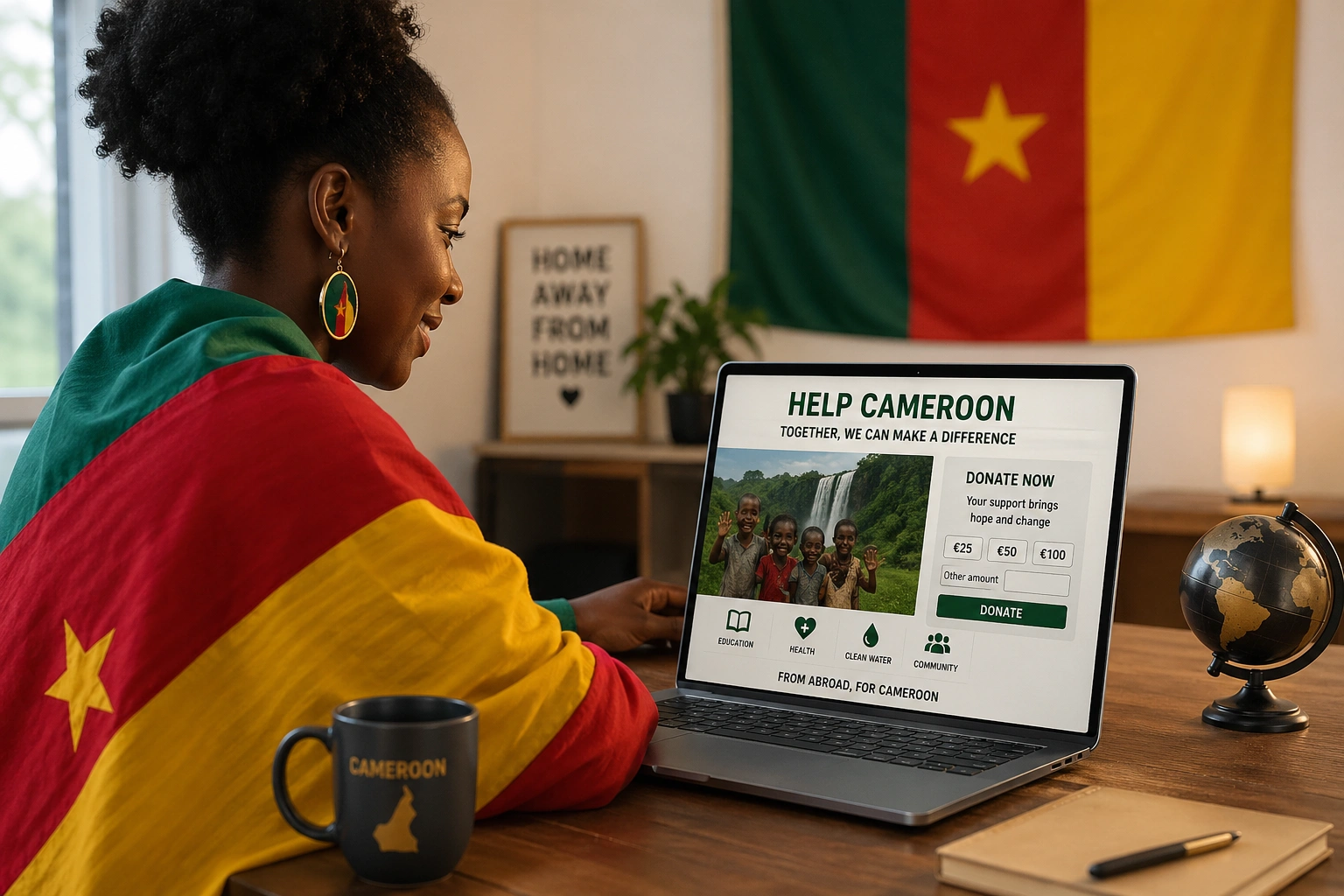 Cameroonian diaspora member on laptop donating to help Cameroon from abroad diaspora