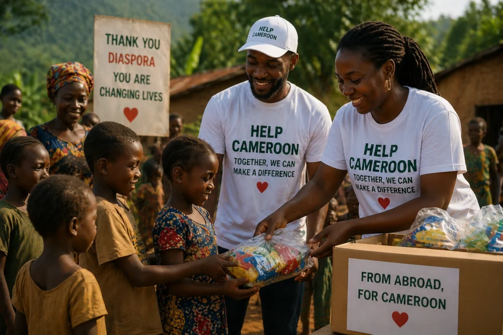 Volunteers and children in Cameroon supported by help Cameroon from abroad diaspora giving. IA image