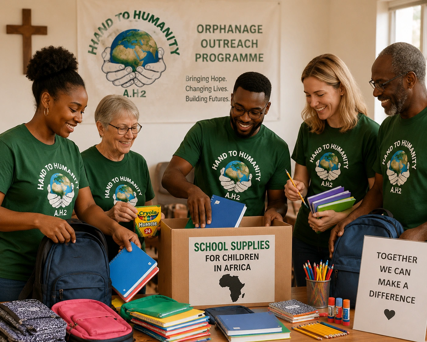 Church group choosing to donate school supplies children Africa through AH2 orphanage outreach programme