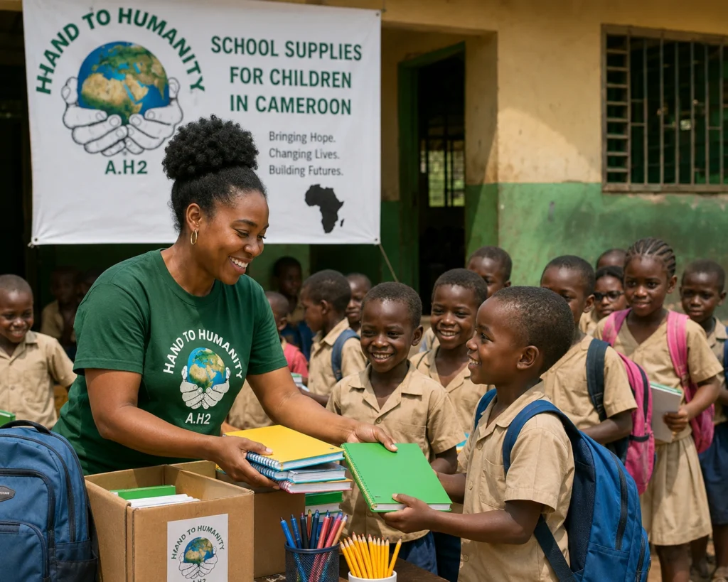 AH2 volunteer distributing school supplies to children in Cameroon when groups donate school supplies children Africa